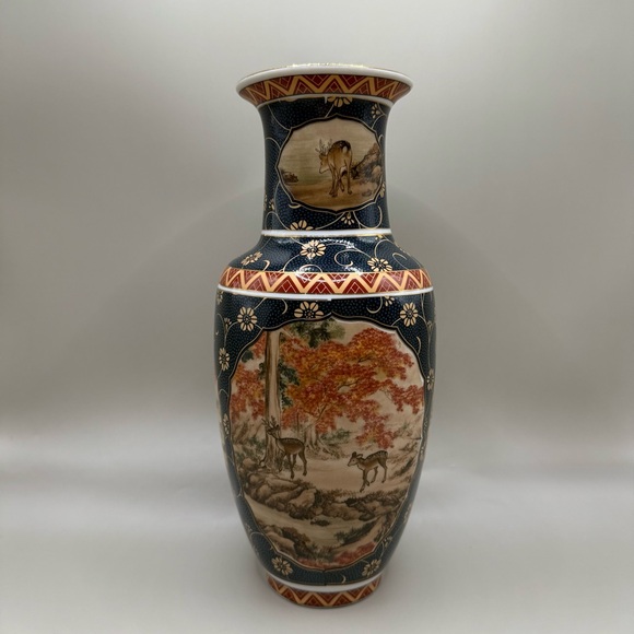 Other - Japanese Style Fall Deer Blue Porcelain Decorative Ceramic Vase 10” Tall